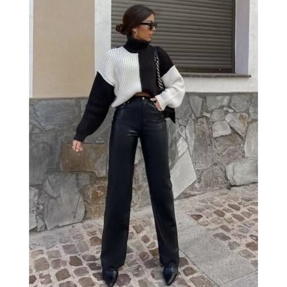 ZARA Faux Leather Straight Leg Trouser Pants Mid-Rise Black - Picture 3 of 11